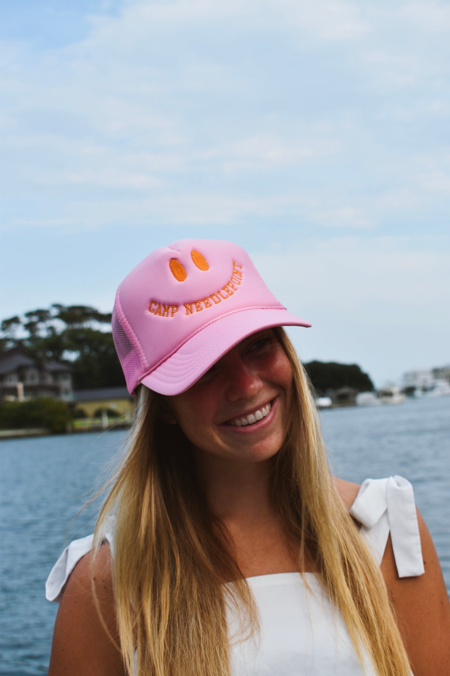 Camp Needlepoint- Pink with Orange Trucker Hat