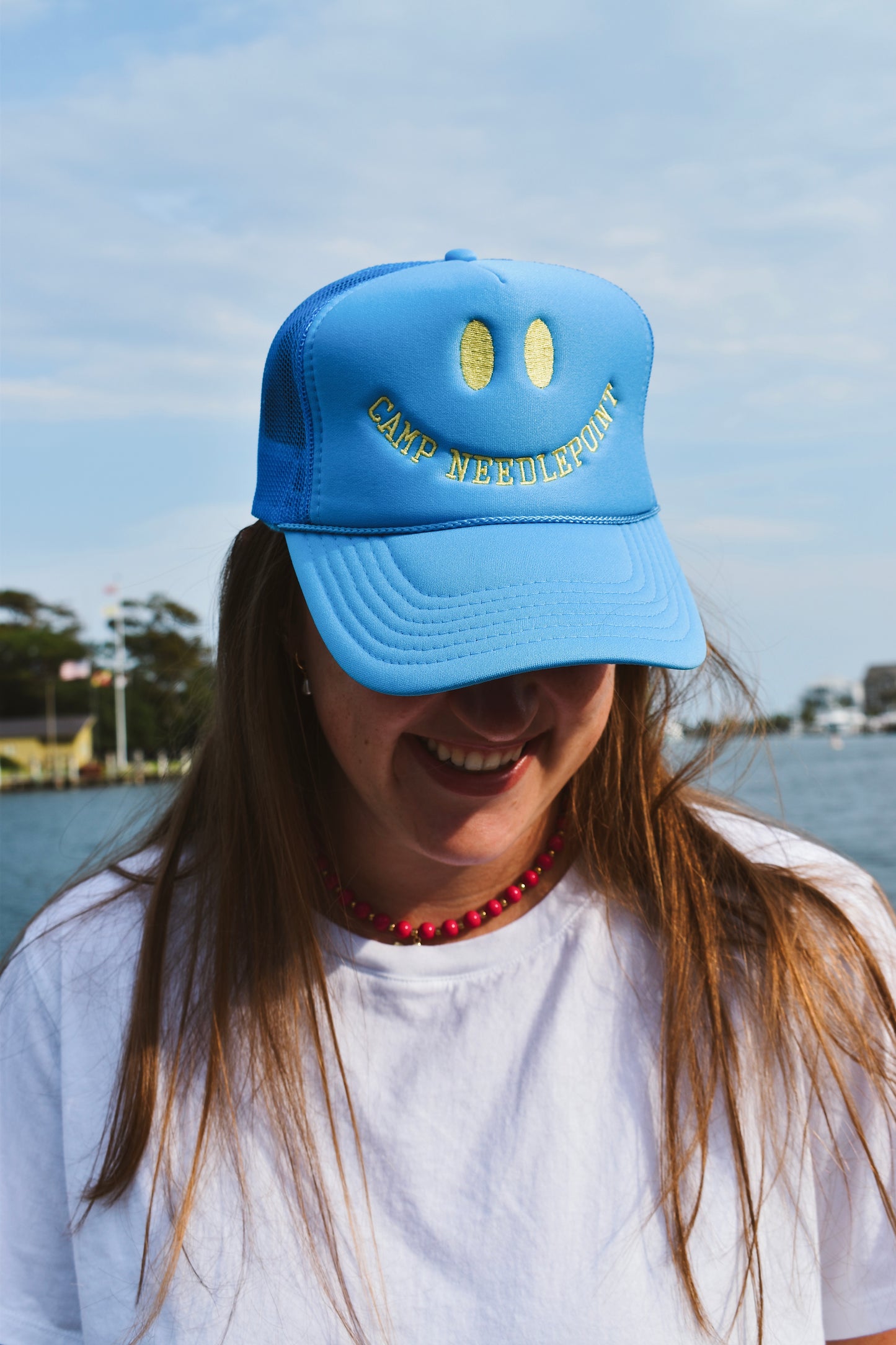 Camp Needlepoint- Blue with Green Trucker Hat