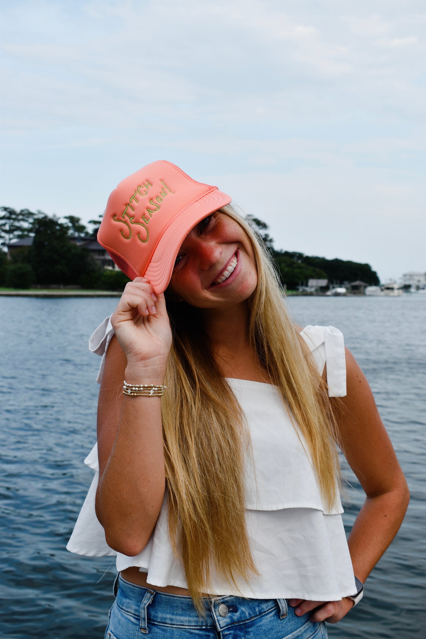 Stitch Season!- Peach with Green Trucker Hat