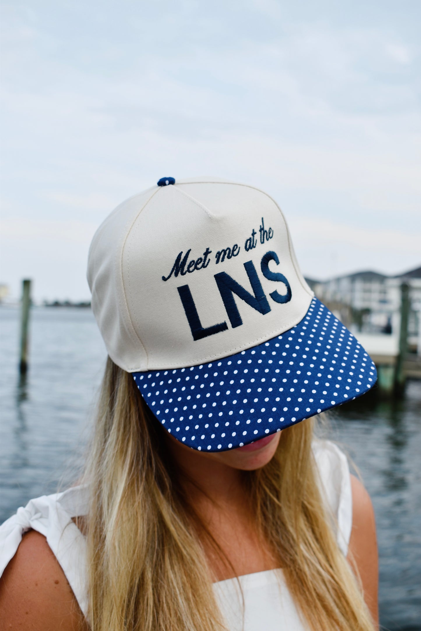 Meet Me at The LNS- Navy Polka Dot Trucker Hat