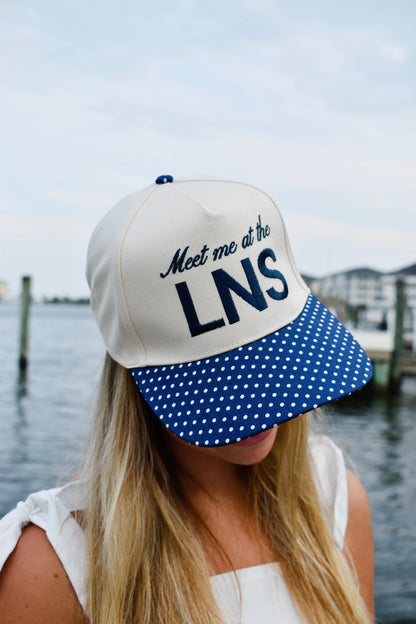 Meet Me at The LNS- Navy Polka Dot Trucker Hat