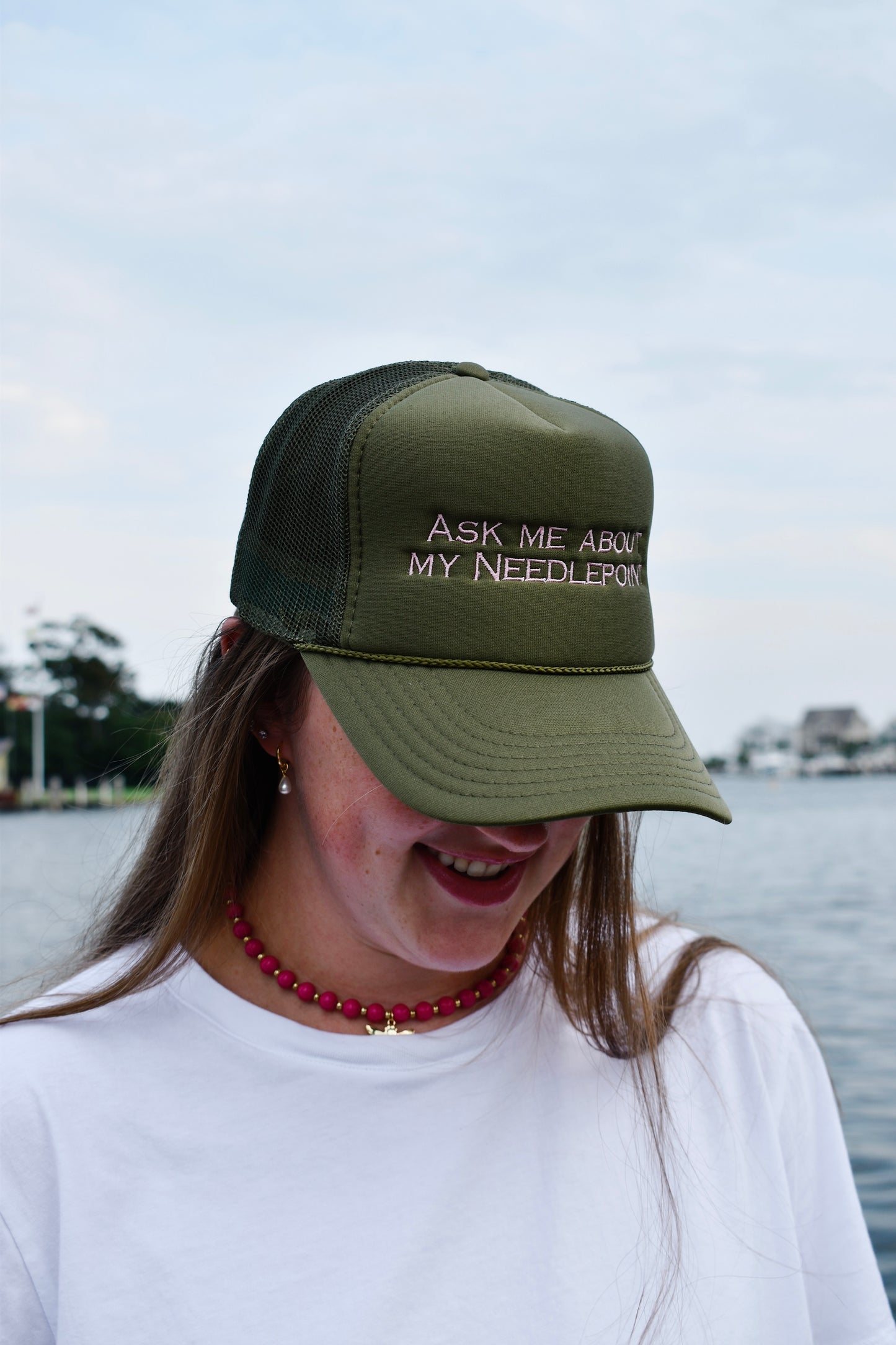 Ask Me About My Needlepoint- Olive Green with Pink Trucker Hat