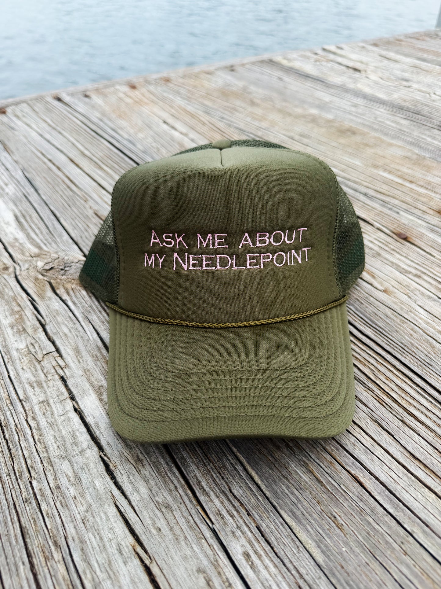 Ask Me About My Needlepoint- Olive Green with Pink Trucker Hat