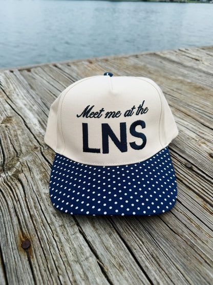 Meet Me at The LNS- Navy Polka Dot Trucker Hat