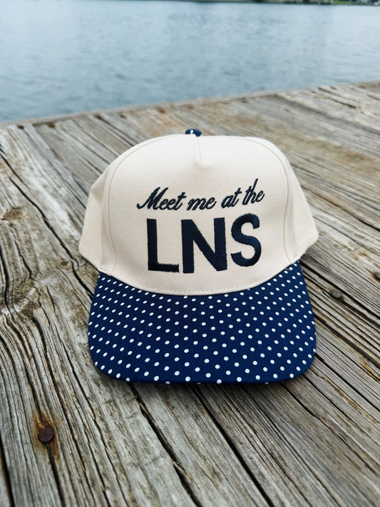 Meet Me at The LNS- Navy Polka Dot Trucker Hat